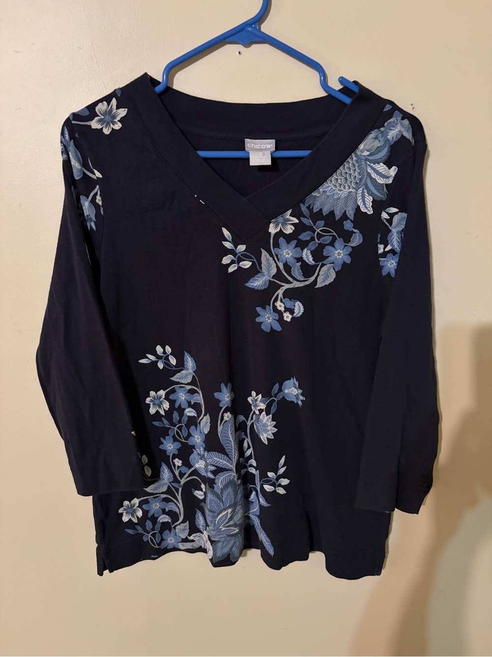 Chico's Navy Long-Sleeve V-Neck Top with Blue Floral Embroidery M